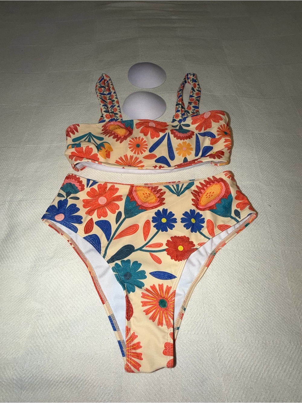 Girls Floral Two-Piece Bikini Swimsuit - Cream with Orange & Blue Flowers